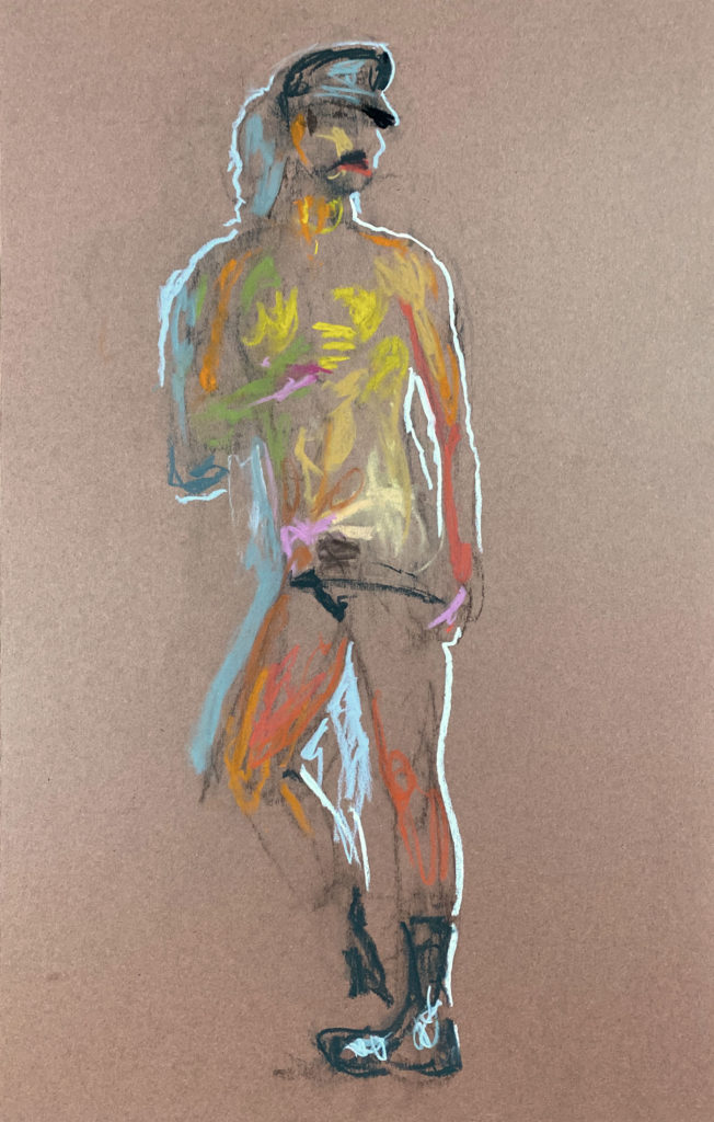 pastel drawing of male model cruising in leather fetish cap and briefs