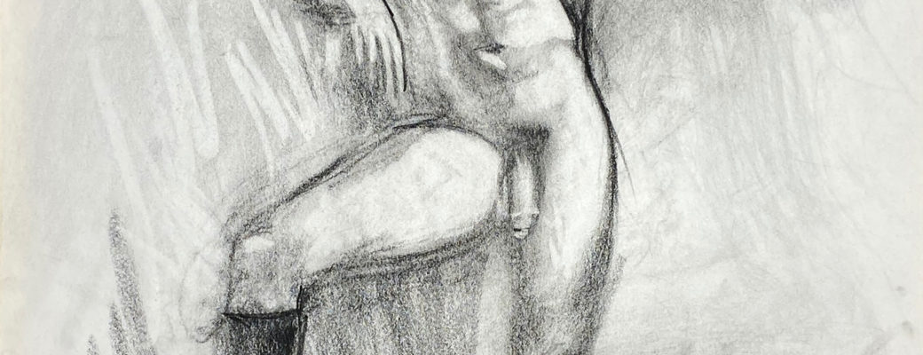 charcoal drawing of standing male model in leather fetish harness and leather boots