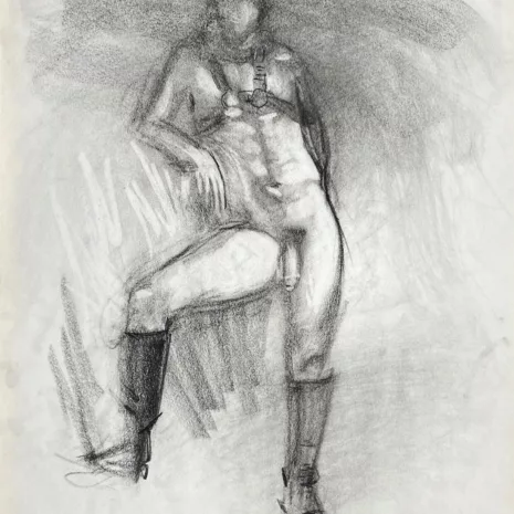 charcoal drawing of standing male model in leather fetish harness and leather boots