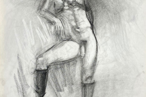 charcoal drawing of standing male model in leather fetish harness and leather boots