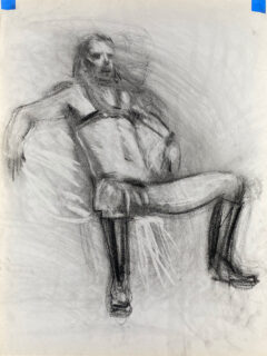 charcoal drawing of sitting male model in leather fetish harness and leather boots