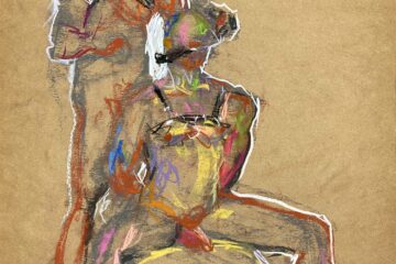 pastel drawing of two male models in leather fetish garments