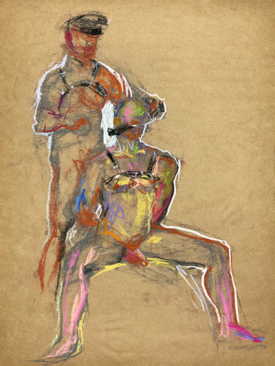 pastel drawing of two male models in leather fetish garments