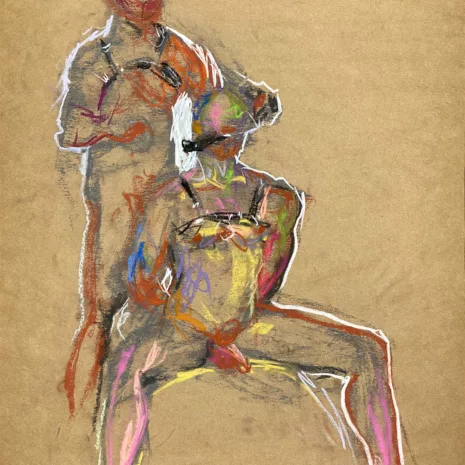 pastel drawing of two male models in leather fetish garments