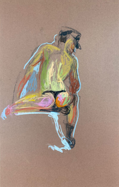 pastel drawing of male model sitting from backside in leather fetish cap and tango briefs