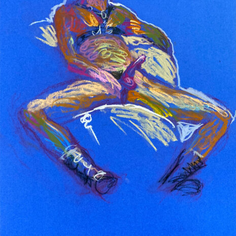 pastel drawing of male model reclining in leather fetish harness