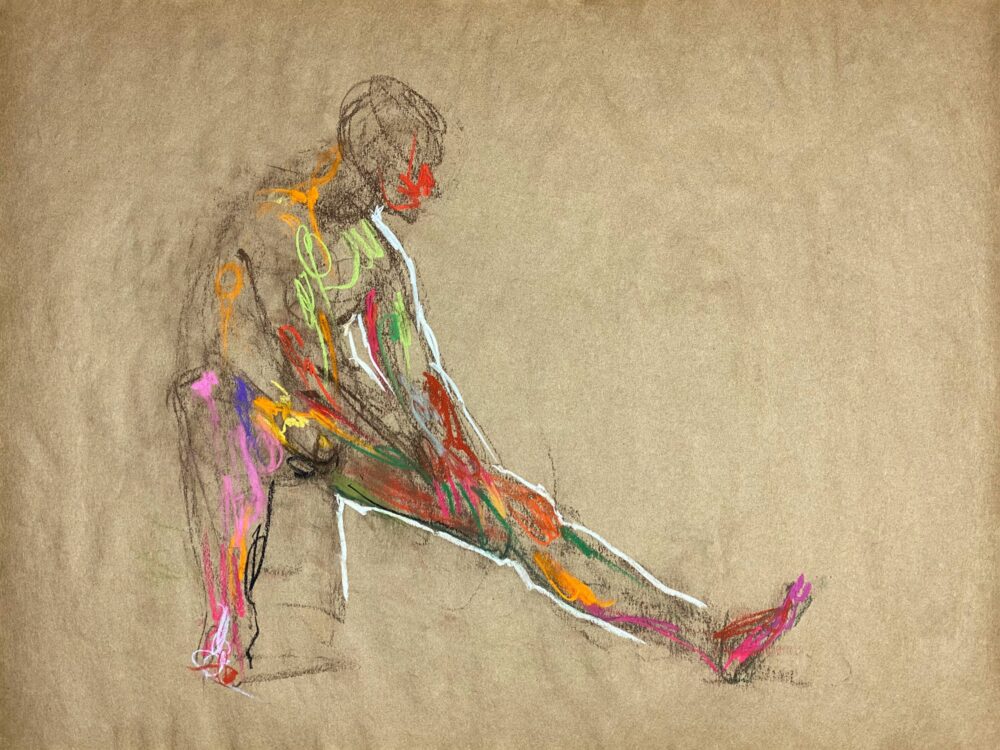 Gabriel Stretching pastel drawing of male model stretching