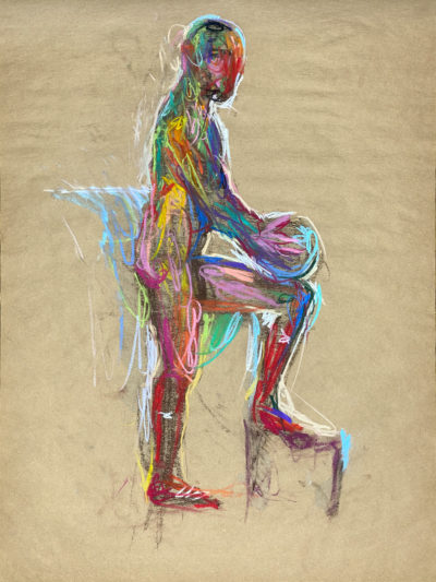 pastel drawing of male model holding soccer ball