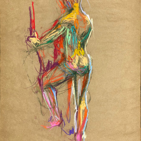 pastel drawing of male model from backside