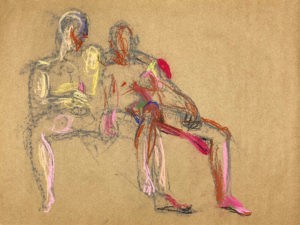 pastel drawing of two male models reclining