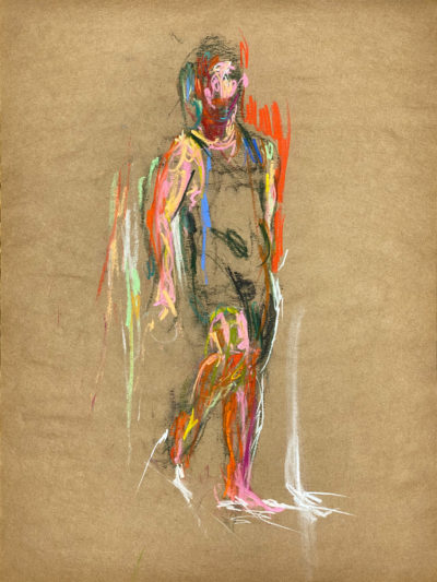 pastel drawing of male model in wrestling suit