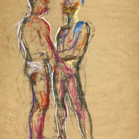 pastel drawing of two male models in front to each other