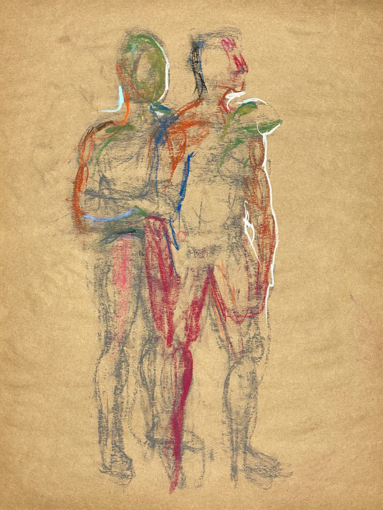 pastel drawing of two male models embracing