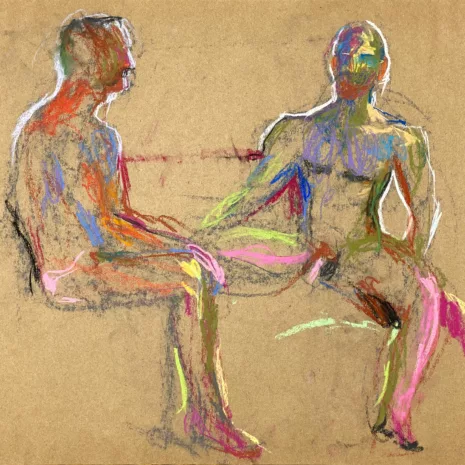 pastel drawing of two male models sitting