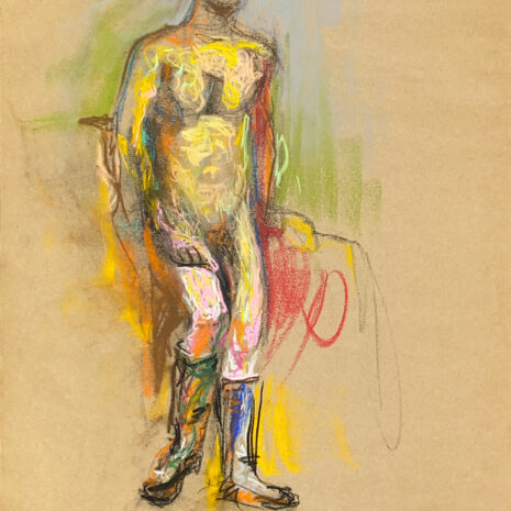 pastel drawing of standing naked male model in military boots