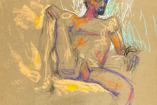 pastel drawing of male model sitting