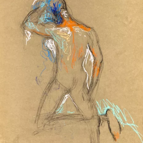 pastel drawing of nude male model from backside