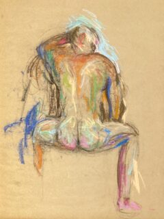 pastel drawing of male model from backside
