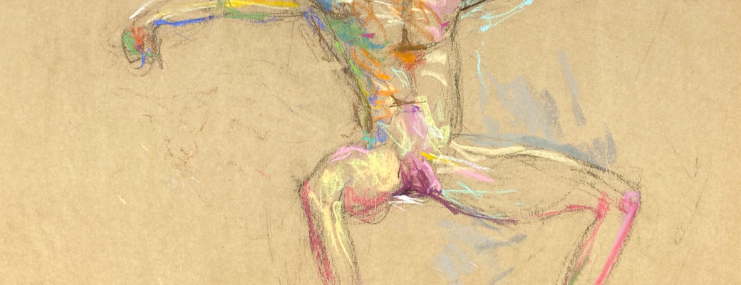 pastel drawing of sitting male model nude