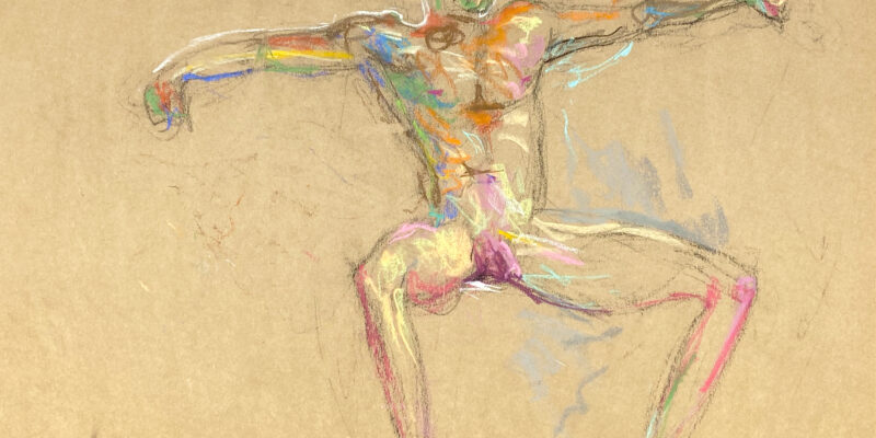 pastel drawing of sitting male model nude