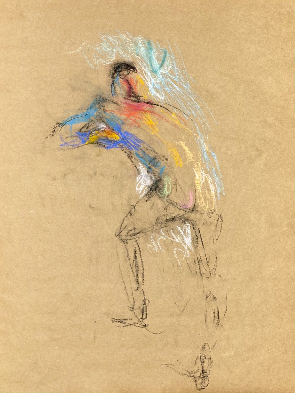 pastel drawing of male model in black jeans from backside