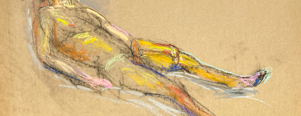 pastel drawing of naked male model reclining