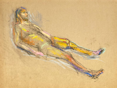 pastel drawing of naked male model reclining