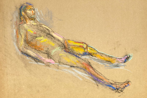 pastel drawing of naked male model reclining