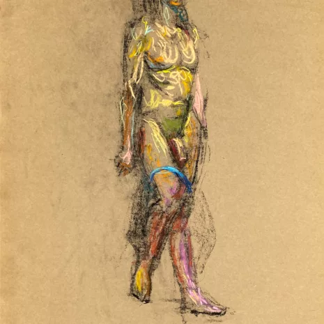 pastel drawing of naked male model in blue briefs