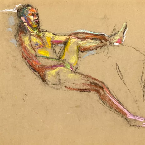 pastel drawing of naked male model reclining