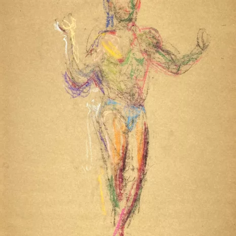 pastel drawing of male model in blue briefs