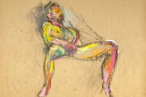 pastel drawing of naked male model playing with himself