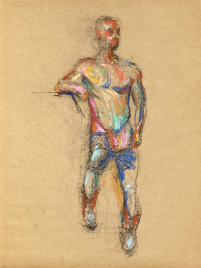 pastel drawing of male model in jeans and cowboy boots