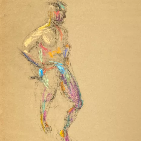 pastel drawing of naked male model in blue speedo