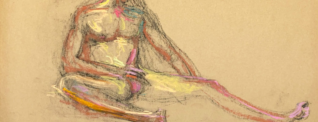 pastel drawing of naked male model playing with himself