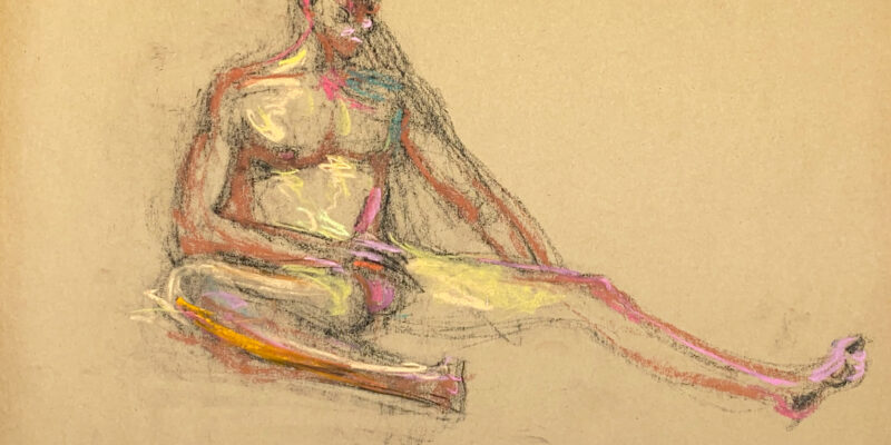 pastel drawing of naked male model playing with himself