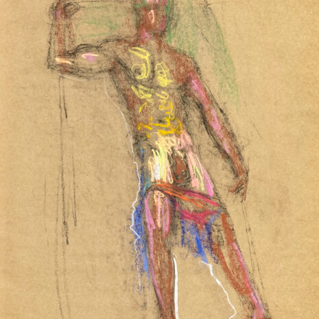 pastel drawing of naked male model semi naked in red briefs