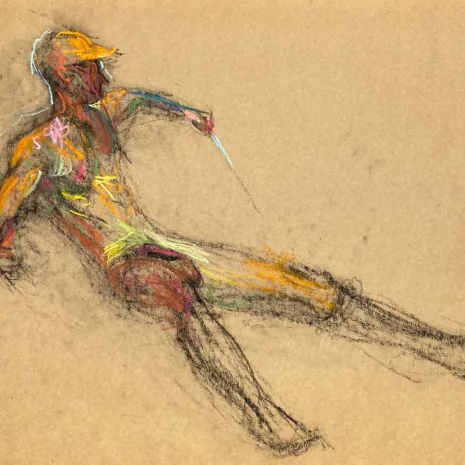 pastel drawing of naked male model in yellow cap