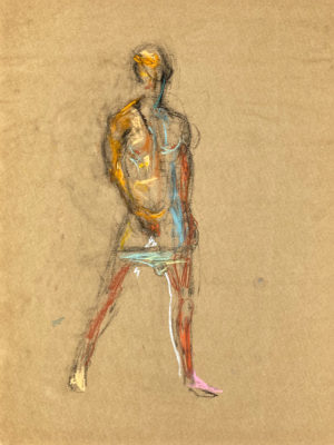 pastel drawing of semi naked male model in blue briefs