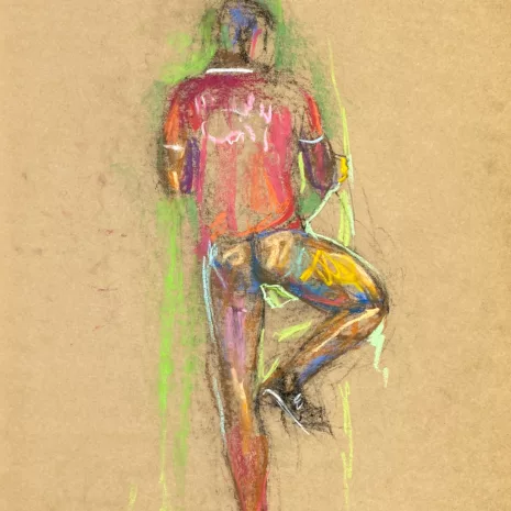 pastel drawing of naked male model in soccer outfit from backside