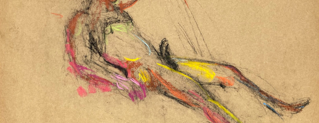 pastel drawing of laying aroused male model in black tank