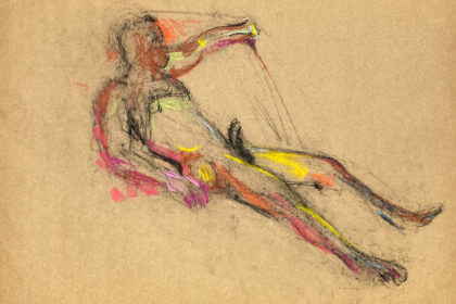 pastel drawing of laying aroused male model in black tank