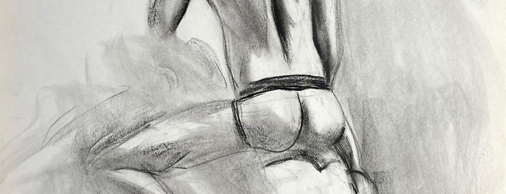 charcoal drawing of male model sitting in jocks from backside