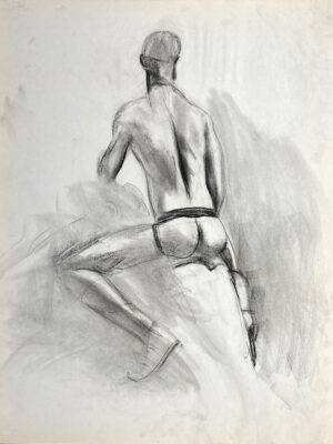 charcoal drawing of male model sitting in jocks from backside