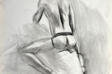 charcoal drawing of male model sitting in jocks from backside