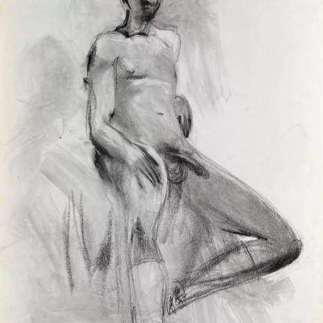 charcoal drawing of male model sitting in baseball cap, gaiters and baseball shoes