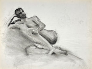 charcoal drawing of male model reclining