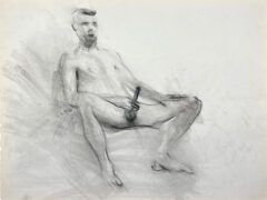 charcoal drawing of nude male model playing with himself