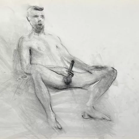 charcoal drawing of nude male model playing with himself