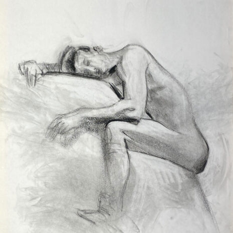 charcoal drawing of male model leaning on podium